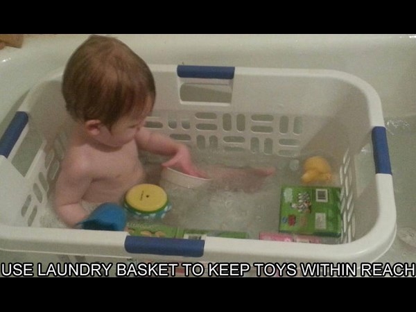 laundry basket keeps toys in reach in bathtub life hack